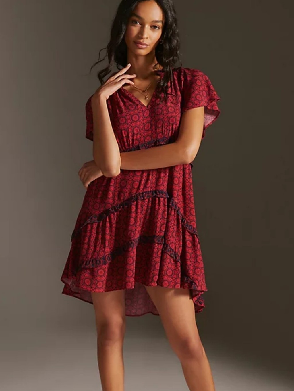 Anthropologie Red Vneck Tiered Shift Dress